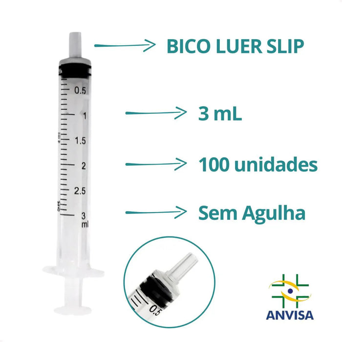 Seringa 3ml Sem Agulha Luer Slip SR 100 Unidades