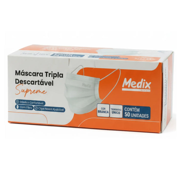 Máscara Tripla Descartável Branca (50 unidades) - Medix