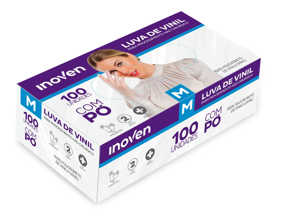 Luva de Vinil Transparente Sem Pó Caixa com 100 Unidades Inoven