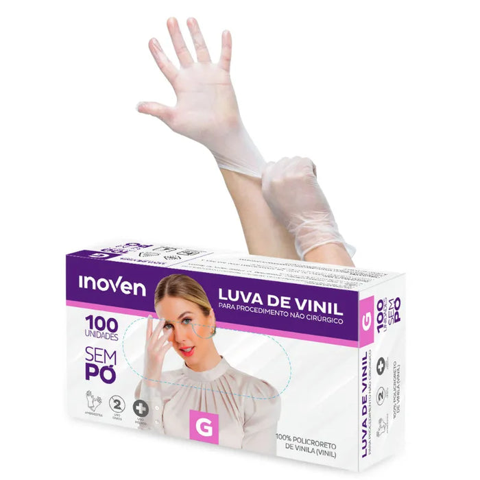 Luva de Vinil Transparente Sem Pó Caixa com 100 Unidades Inoven