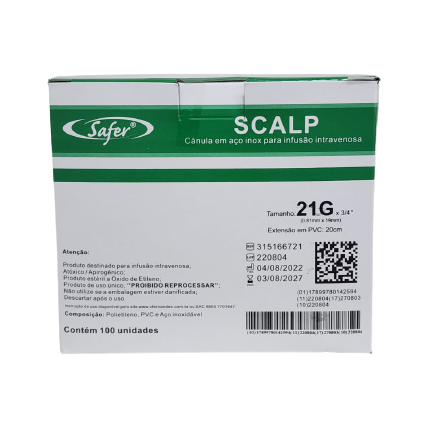 Scalp Canula 21G Intravenoso - Safer caixa com 100 Unidades