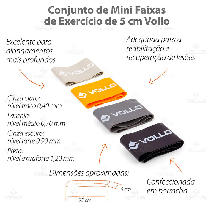 Kit com 4 Faixas Elásticas Mini Bands Vollo ( Leve, Médio, Forte e Extra Forte)