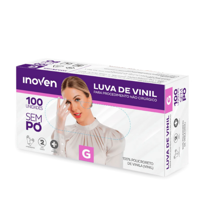 Luva de Vinil Transparente Sem Pó Caixa com 100 Unidades Inoven
