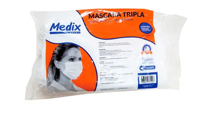 Kit 10 Pacotes de Mascara Tripla Descartavel Medix (500 unidades)