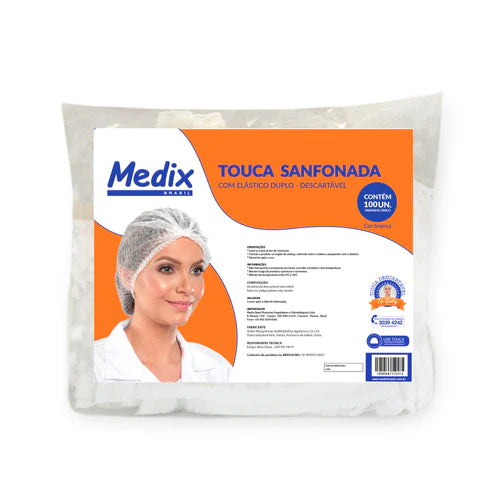 Touca Sanfonada Descartável Branca TNT Com Elástico Medix 100 unidades