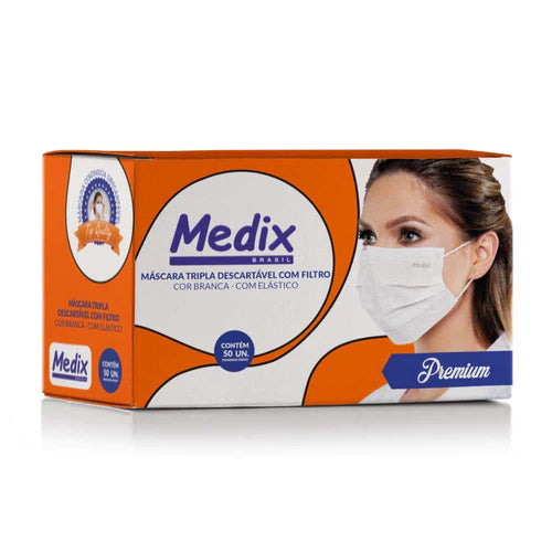 Máscara Tripla Descartável Branca (50 unidades) - Medix