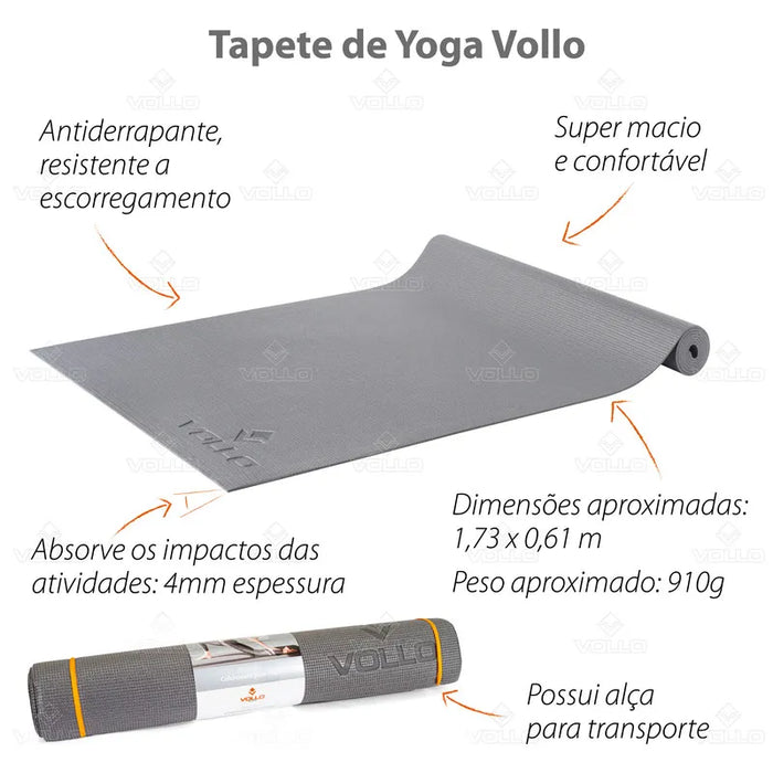 Colchonete Para Pilates e Yoga Cinza Com Alça 4mm Vollo